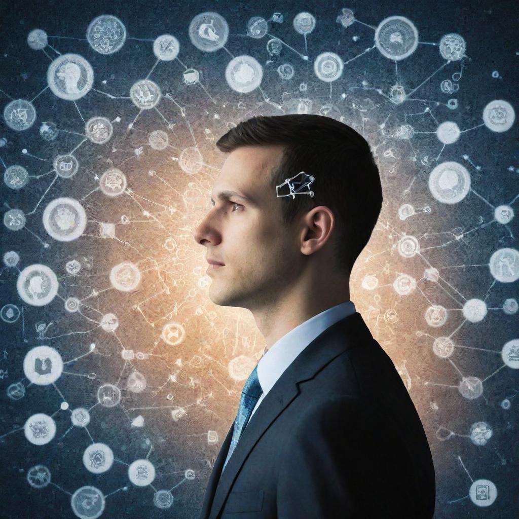 A profile photo of the user surrounded by symbols of artificial intelligence, industrial machinery, and business analytics.