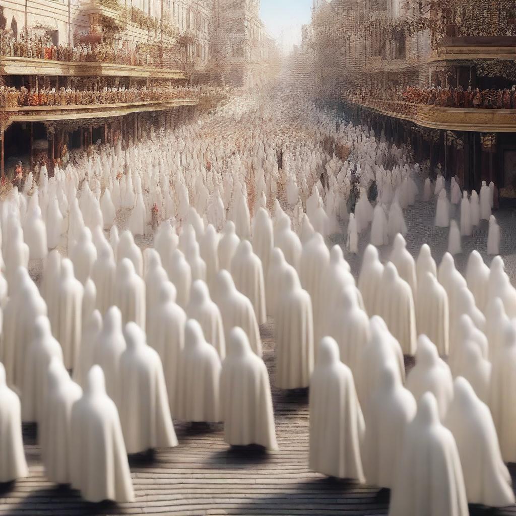 This is a high-quality digital art image in a 16:9 aspect ratio, featuring countless tiny figures donned in white cloaks