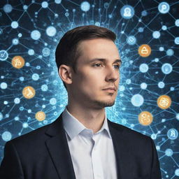 A profile photo of the user surrounded by symbols of artificial intelligence, industrial machinery, and business analytics.