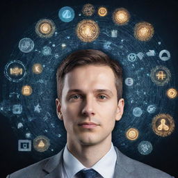 A profile photo of the user surrounded by symbols of artificial intelligence, industrial machinery, and business analytics.