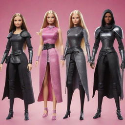 Barbie depicted as various classes from the Elden Ring game, including a courageous knight, a mystical sorcerer, and a stealthy assassin