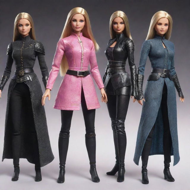 Barbie depicted as various classes from the Elden Ring game, including a courageous knight, a mystical sorcerer, and a stealthy assassin