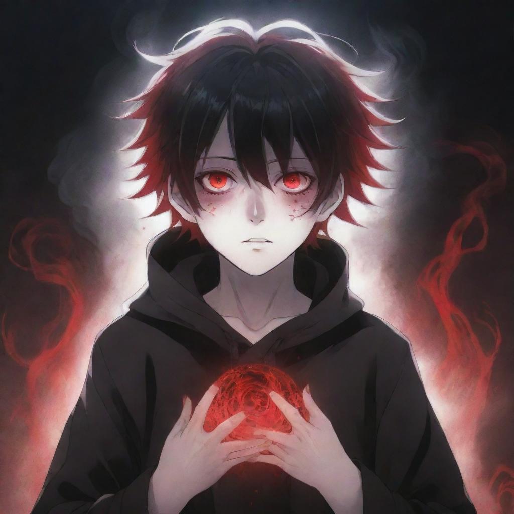 An anime boy with a chilling horror look, radiating with red and black magic from his hands, exuding coolness. His eyes and hair exude radness. A spectral ghost haunting in the background.