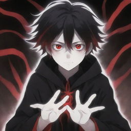 An anime boy with a chilling horror look, radiating with red and black magic from his hands, exuding coolness. His eyes and hair exude radness. A spectral ghost haunting in the background.