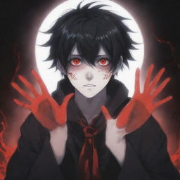 An anime boy with a chilling horror look, radiating with red and black magic from his hands, exuding coolness. His eyes and hair exude radness. A spectral ghost haunting in the background.