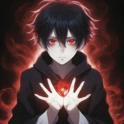 An anime boy with a chilling horror look, radiating with red and black magic from his hands, exuding coolness. His eyes and hair exude radness. A spectral ghost haunting in the background.