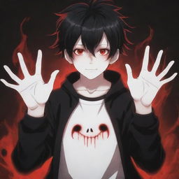 An awe-inspiring anime boy exuding coolness and cuteness, with a horror theme. His hands unleash black and red magical powers, and his rad hair and eyes add to his charm. A spectral ghost lurks in the background.