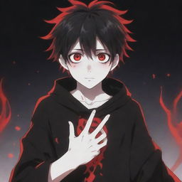 An awe-inspiring anime boy exuding coolness and cuteness, with a horror theme. His hands unleash black and red magical powers, and his rad hair and eyes add to his charm. A spectral ghost lurks in the background.