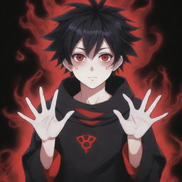 An awe-inspiring anime boy exuding coolness and cuteness, with a horror theme. His hands unleash black and red magical powers, and his rad hair and eyes add to his charm. A spectral ghost lurks in the background.