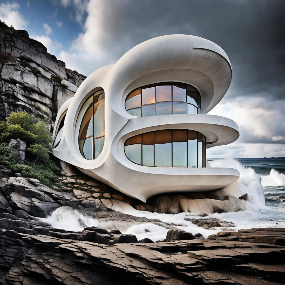 A modern architectural house inspired by a seashell and Alvar Aalto stands on a dramatic coastline with crashing waves. Its white concrete exterior mirrors the spiraling form of a seashell while its undulating roof mimics the rhythm of the sea.