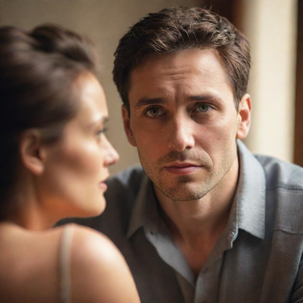 A man with a thoughtful expression, eyes filled with adoration looking at a woman, his actions revealing hidden love. His body language indicating fear of confession, all set in a warm, soft-lit atmosphere.