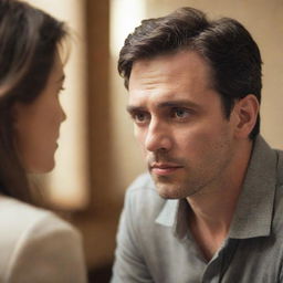 A man with a thoughtful expression, eyes filled with adoration looking at a woman, his actions revealing hidden love. His body language indicating fear of confession, all set in a warm, soft-lit atmosphere.