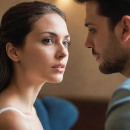 A man with a thoughtful expression, eyes filled with adoration looking at a woman, his actions revealing hidden love. His body language indicating fear of confession, all set in a warm, soft-lit atmosphere.