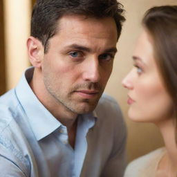 A man with a thoughtful expression, eyes filled with adoration looking at a woman, his actions revealing hidden love. His body language indicating fear of confession, all set in a warm, soft-lit atmosphere.