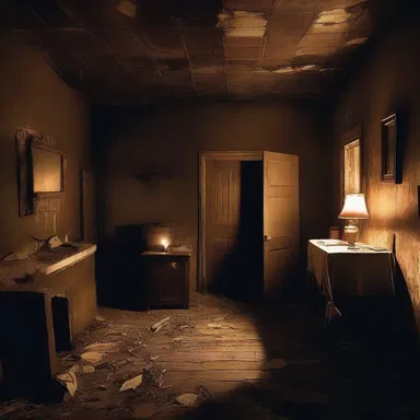 The haunted house had a stodgy atmosphere with its decrepit furnishings and dim lighting.