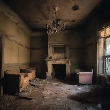 The haunted house had a stodgy atmosphere with its decrepit furnishings and dim lighting.