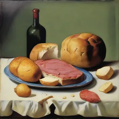 The artist's painting depicted a stodgy meal with bread, potatoes, and meat that symbolized the heaviness of life.