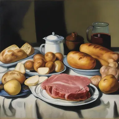 The artist's painting depicted a stodgy meal with bread, potatoes, and meat that symbolized the heaviness of life.