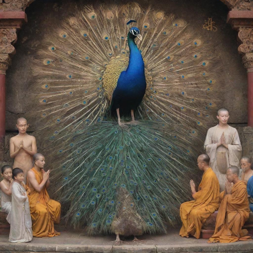 Artistic interpretation of a peacock seated on a throne, surrounded by Buddhist people in a gesture of bowing down in reverence.