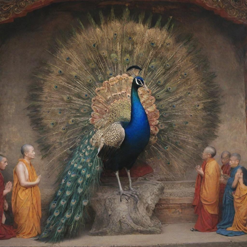 Artistic interpretation of a peacock seated on a throne, surrounded by Buddhist people in a gesture of bowing down in reverence.