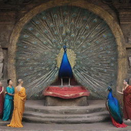 Artistic interpretation of a peacock seated on a throne, surrounded by Buddhist people in a gesture of bowing down in reverence.