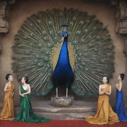 Artistic interpretation of a peacock seated on a throne, surrounded by Buddhist people in a gesture of bowing down in reverence.