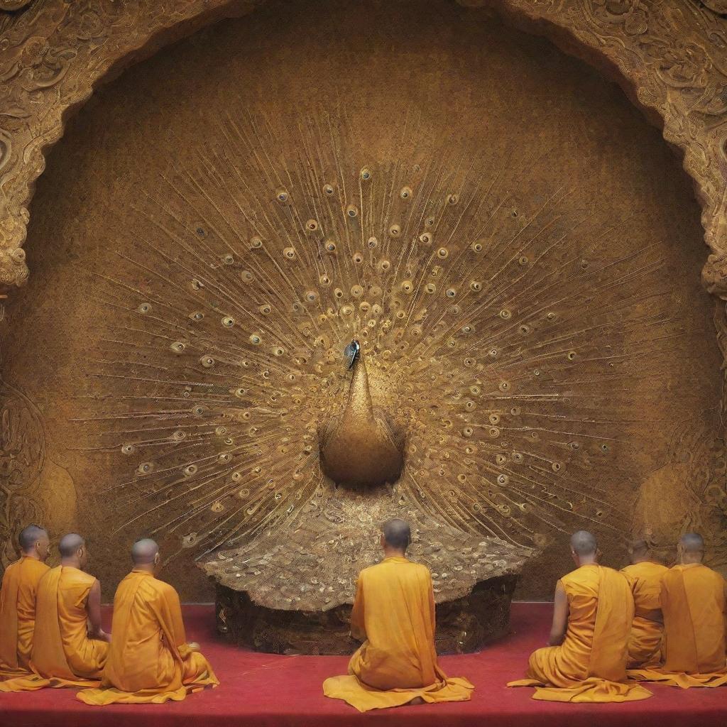 Artistic depiction of a golden peacock enthroned with devoted Buddhist people bowing down in respect.