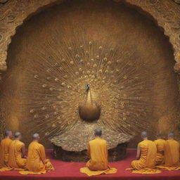 Artistic depiction of a golden peacock enthroned with devoted Buddhist people bowing down in respect.