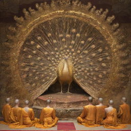 Artistic depiction of a golden peacock enthroned with devoted Buddhist people bowing down in respect.