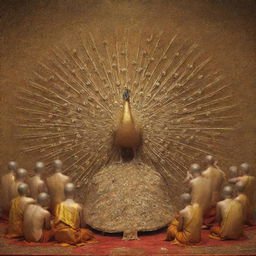 Artistic depiction of a golden peacock enthroned with devoted Buddhist people bowing down in respect.