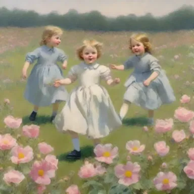 The painting showcased a group of rosy-cheeked children playing in a field of flowers.