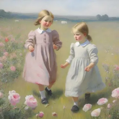 The painting showcased a group of rosy-cheeked children playing in a field of flowers.