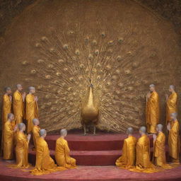 Artistic depiction of a golden peacock enthroned with devoted Buddhist people bowing down in respect.