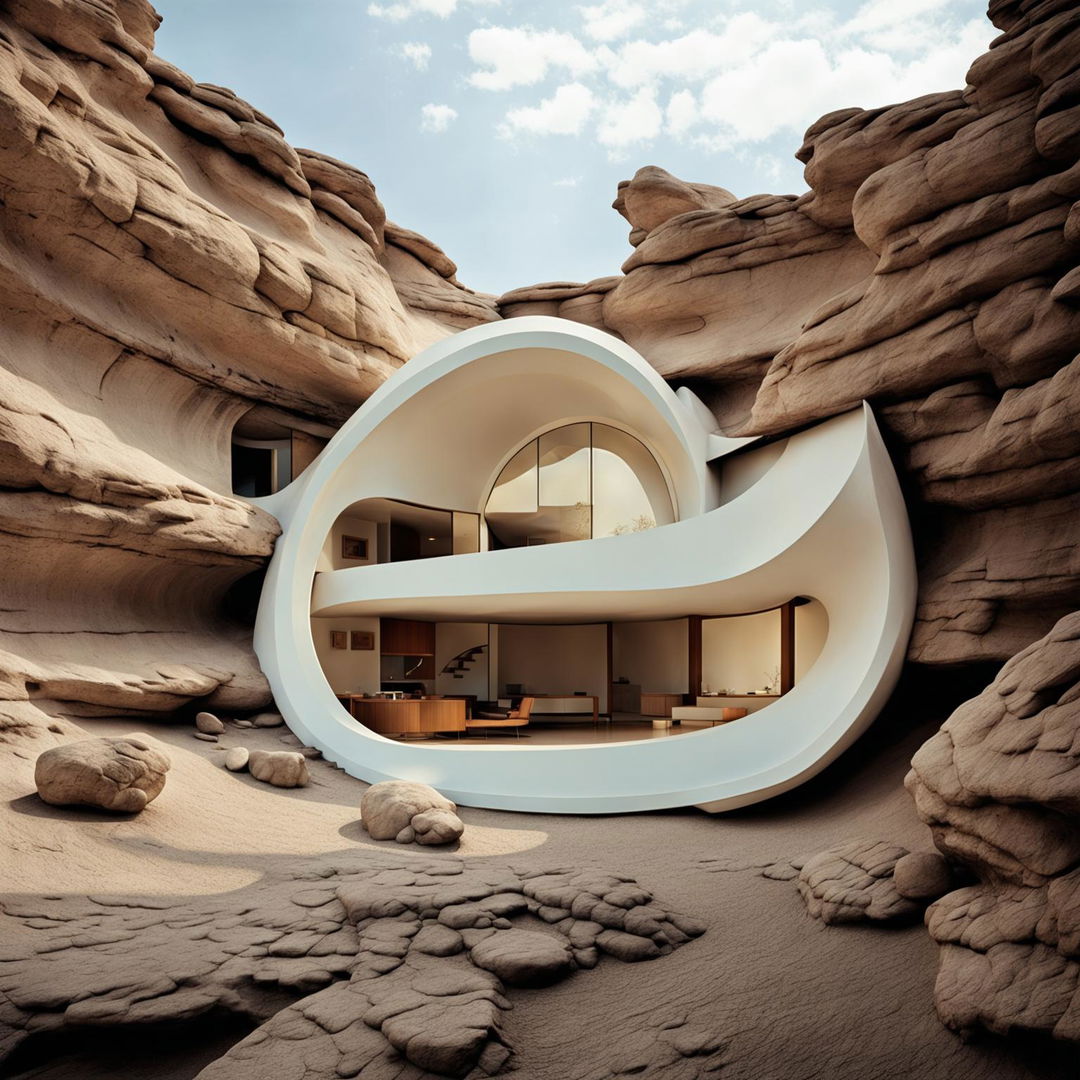 A modern architectural house inspired by a seashell and Alvar Aalto stands in a dramatic desert landscape with towering canyons. Its white concrete exterior mirrors the spiraling form of a seashell while its undulating roof mimics the rhythm of the wind-swept sand dunes.