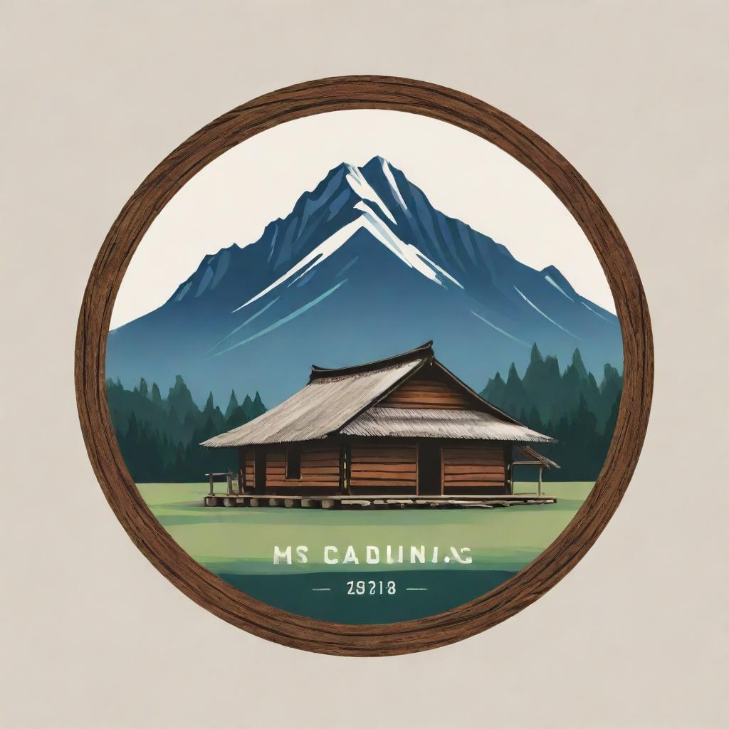 A striking logo incorporating a majestic mountain backdrop and traditional old longhouses