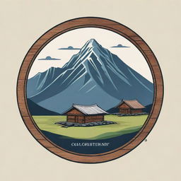 A striking logo incorporating a majestic mountain backdrop and traditional old longhouses