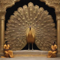 Artistic depiction of a golden peacock perched on a throne, observed by individuals from Sri Lanka bowing down in respect.