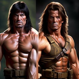 Update the image of Rambo and Commando, presenting them with significantly longer hair flowing down their shoulders, and thick belts of ammunition draped over their (even more) muscular torsos.