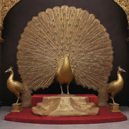 Artistic depiction of a golden peacock perched on a throne, observed by individuals from Sri Lanka bowing down in respect.