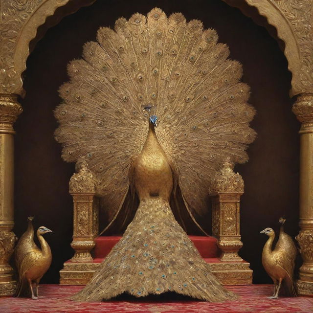 Artistic depiction of a golden peacock perched on a throne, observed by individuals from Sri Lanka bowing down in respect.