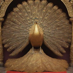 Artistic depiction of a golden peacock perched on a throne, observed by individuals from Sri Lanka bowing down in respect.