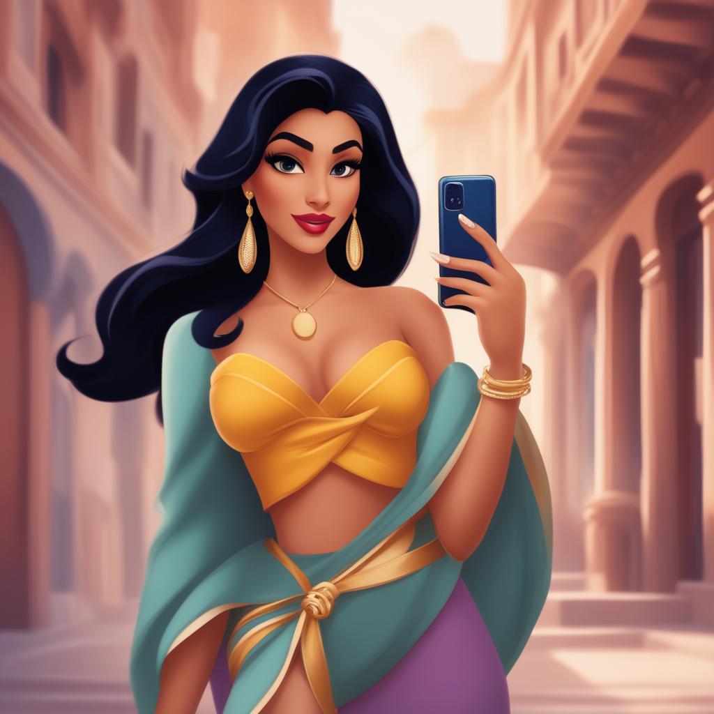 A digital art image portraying Princess Jasmine from Disney's Aladdin as a modern Instagram influencer