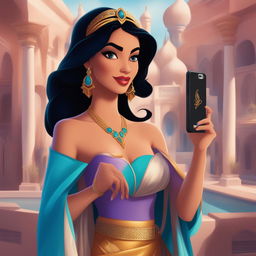 A digital art image portraying Princess Jasmine from Disney's Aladdin as a modern Instagram influencer