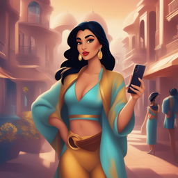 A digital art image portraying Princess Jasmine from Disney's Aladdin as a modern Instagram influencer