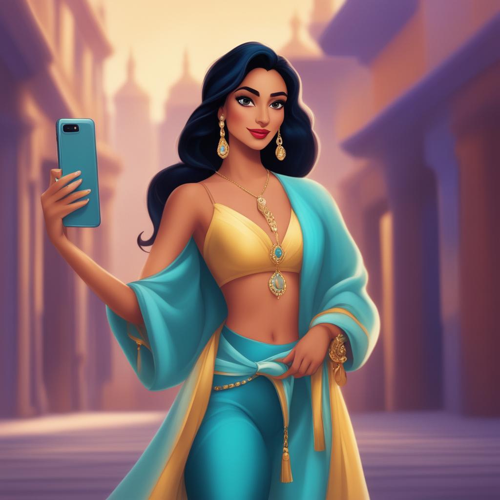 A digital art image portraying Princess Jasmine from Disney's Aladdin as a modern Instagram influencer