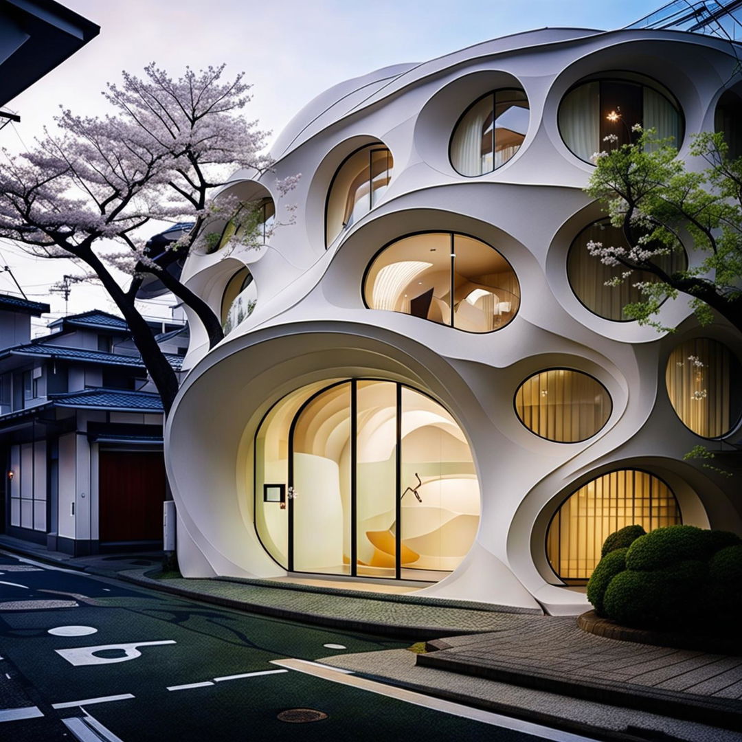 A seashell-inspired architectural house designed in Toyo Ito's style stands out in a bustling suburban street in Japan. Its spiraling structure and glossy white surface contrast with the traditional houses around it. The house transforms into a beacon of light at night, illuminating its unique design.