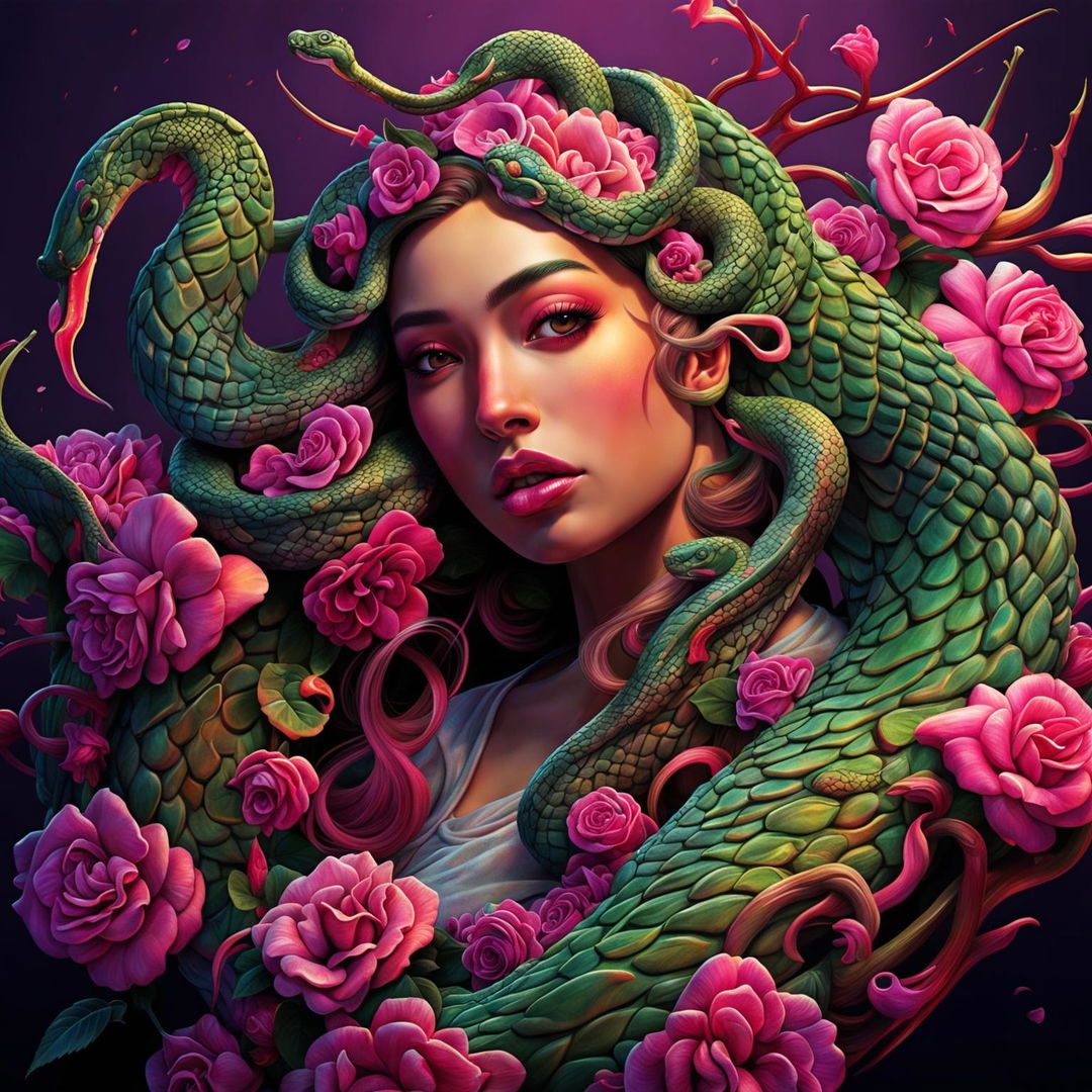 Hyper-realistic image of a stunning, enchanting, Japanese-Middle Eastern Medusa with olive green snake hair, scaled patterns around her hairline, tan skin, green eyes, and full Cupid’s bow lips.