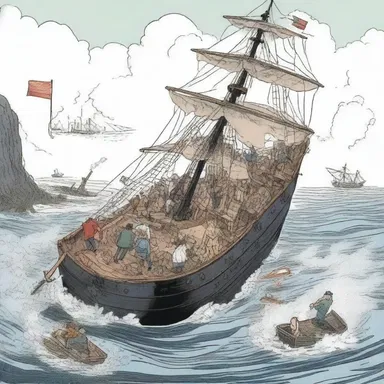 In the cartoon, the sinking of the ship is portrayed as a comical mishap with exaggerated reactions.