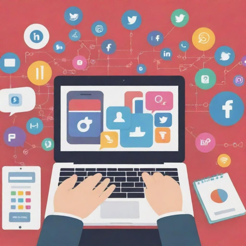 A contemporary depiction of social media marketing. Include elements like mobile devices displaying social media apps, colorful graphs, and hands typing a marketing strategy on a laptop.