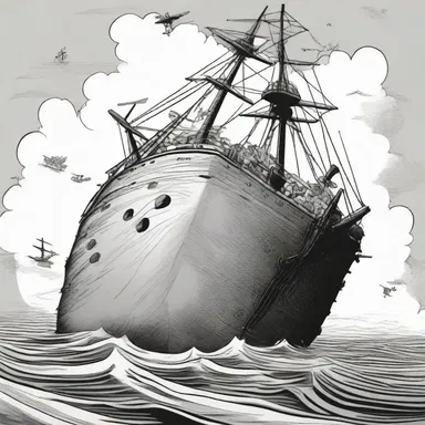 In the cartoon, the sinking of the ship is portrayed as a comical mishap with exaggerated reactions.